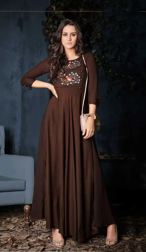 Brown Color Heavy Reyon Designer Party Wear Readymade Long Kurti -797124685