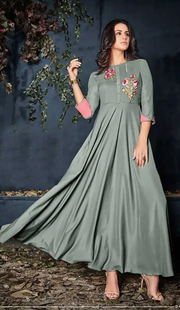 Grey Color Heavy Reyon Designer Party Wear Readymade Long Kurti -797124687
