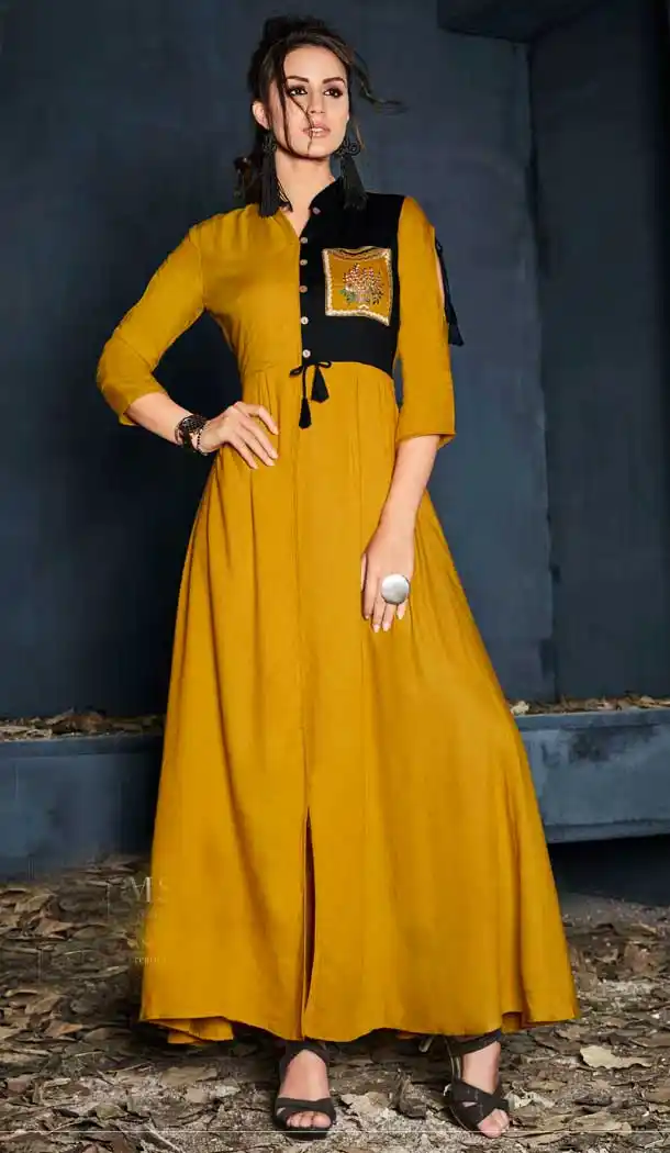 Musterd Color Heavy Reyon Designer Party Wear Readymade Long Kurti -797124689