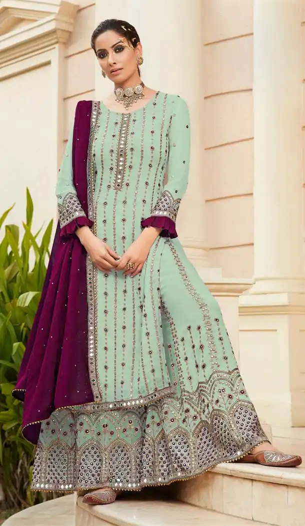 Sky Blue Color Heavy Foux Georgette Designer Party Wear Palazzo Suit -798124696