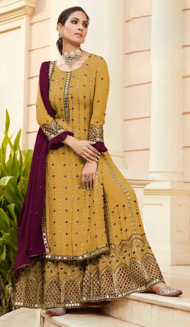 Mustard Color Heavy Foux Georgette Designer Party Wear Palazzo Suit -798124698