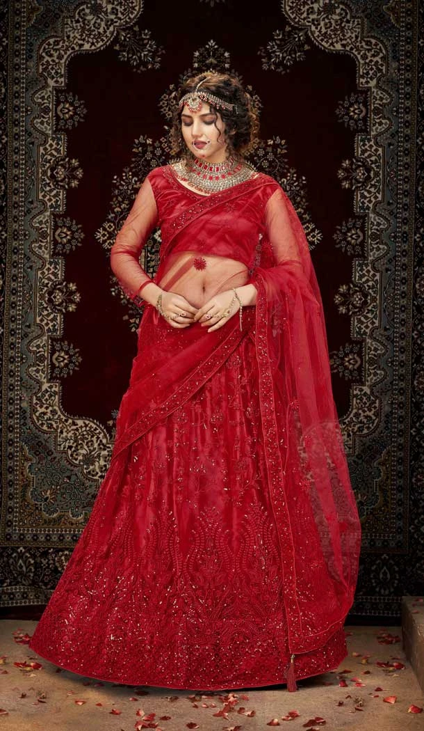 Red Color Net Embroidered Designer Bridal Party Wear Lehenga Coli -802124734