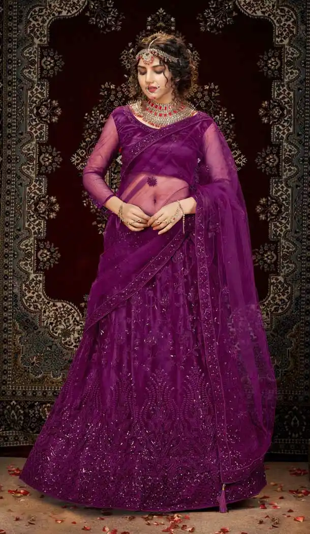 Dark Magenta Color Net Embroidered Designer Bridal Party Wear Lehenga Coli -802124735