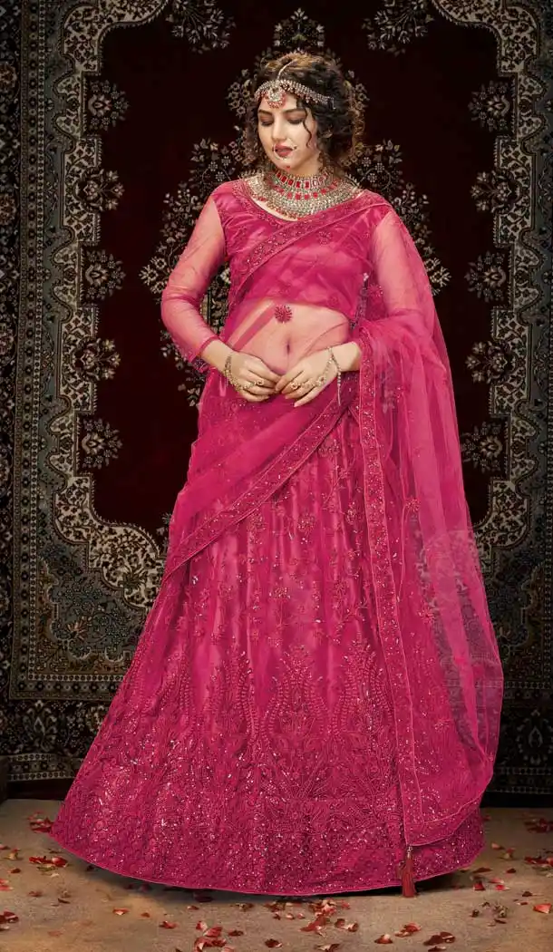 Deep Pink Color Net Embroidered Designer Bridal Party Wear Lehenga Coli -802124736