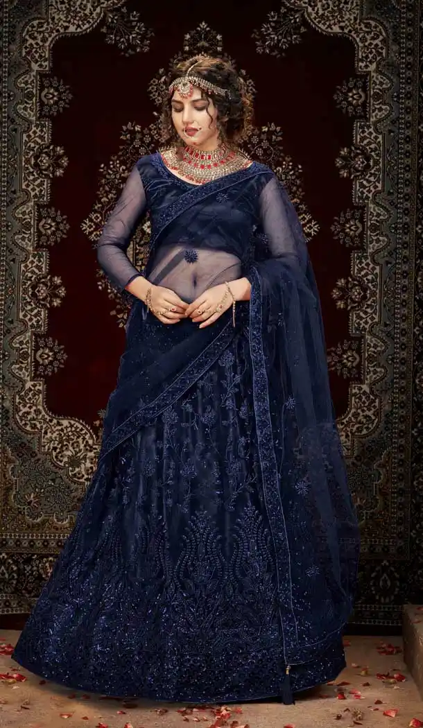 Midnigt Blue Color Net Embroidered Designer Bridal Party Wear Lehenga Coli -802124737