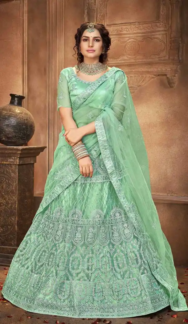 Turquoise Green Color Net Embroidered Designer Bridal Party Wear Lehenga Coli -802124739
