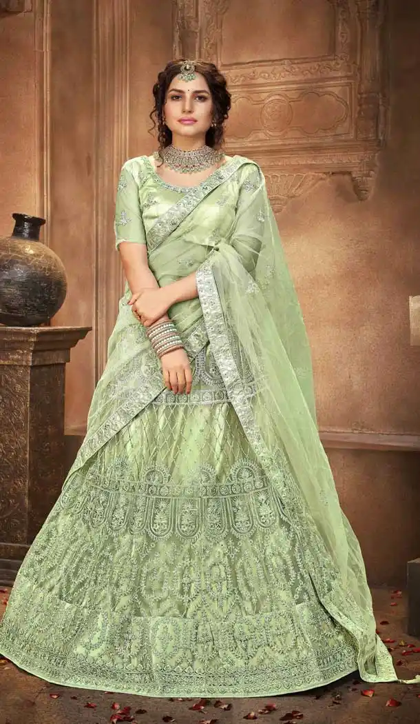 Olive Color Net Embroidered Designer Bridal Party Wear Lehenga Coli -802124740
