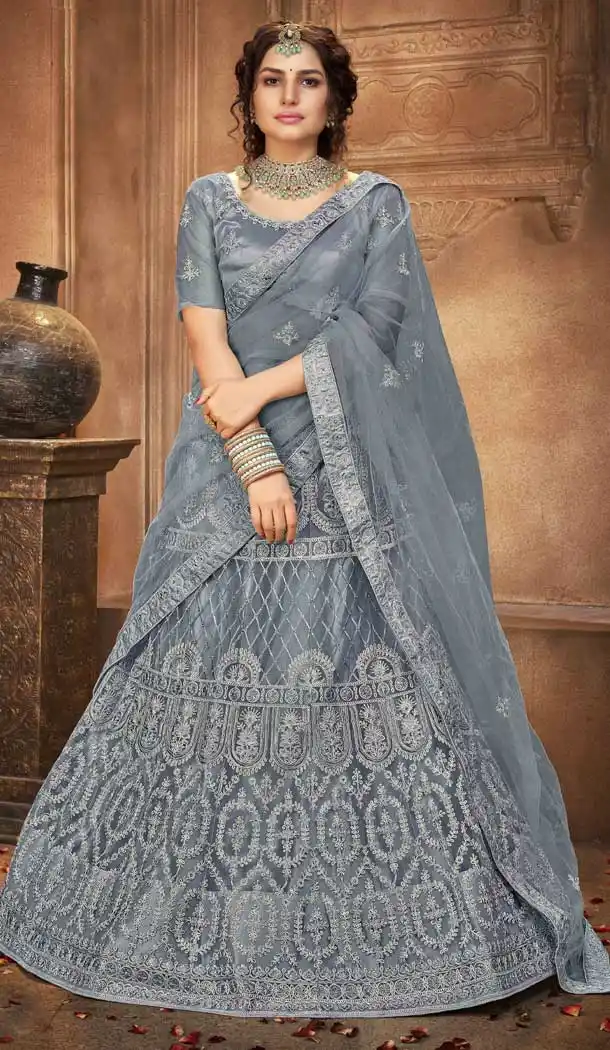 Grey Color Net Embroidered Designer Bridal Party Wear Lehenga Coli -802124741