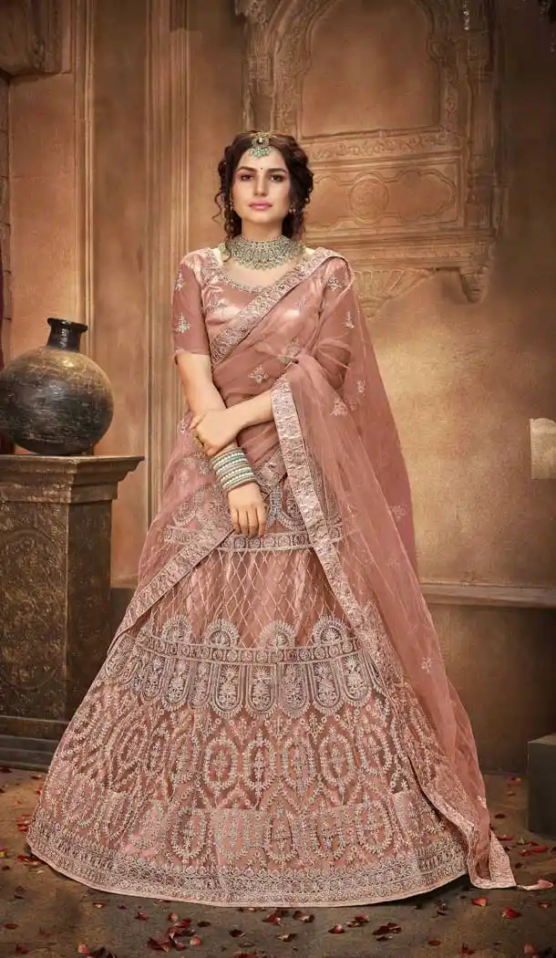 Blush Color Net Embroidered Designer Bridal Party Wear Lehenga Coli -802124742