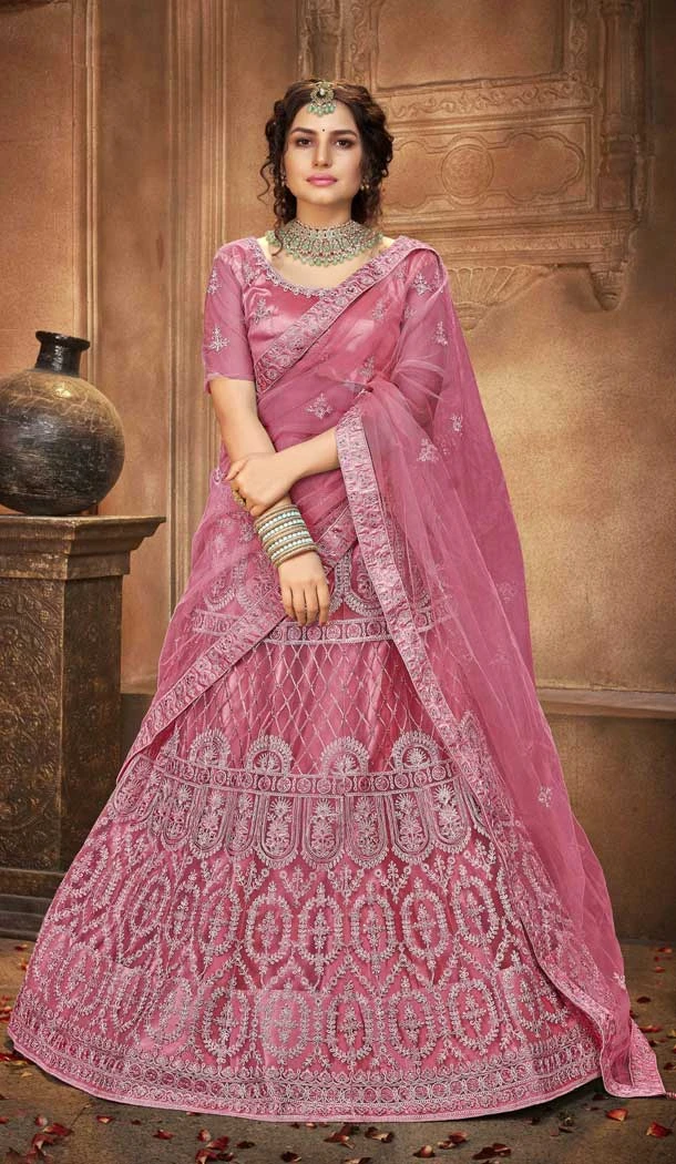 Hot Pink Color Net Embroidered Designer Bridal Party Wear Lehenga Coli -802124743