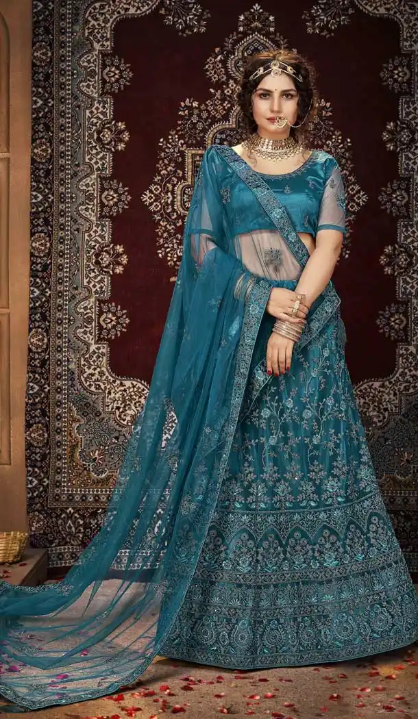 Turquoise Color Net Embroidered Designer Bridal Party Wear Lehenga Coli -802124744