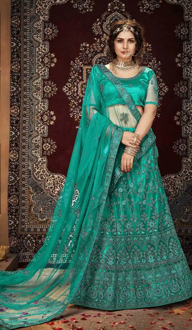 Persion Green Color Net Embroidered Designer Bridal Party Wear Lehenga Coli -802124745