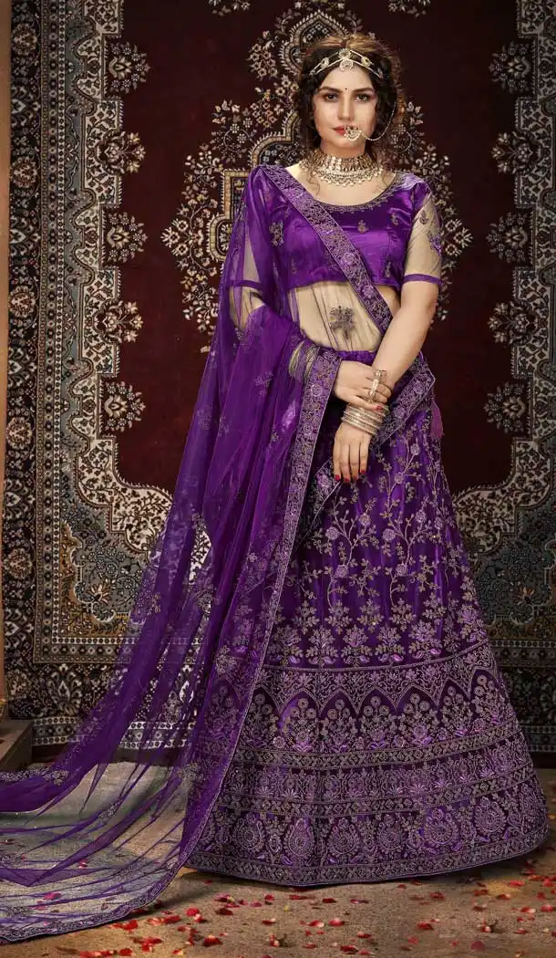Deep Purple Color Net Embroidered Designer Bridal Party Wear Lehenga Coli -802124746