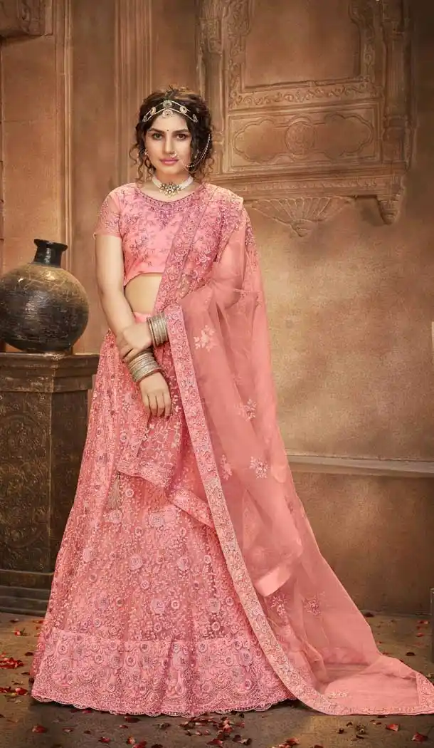 Blush Color Net Embroidered Designer Bridal Party Wear Lehenga Coli -802124749