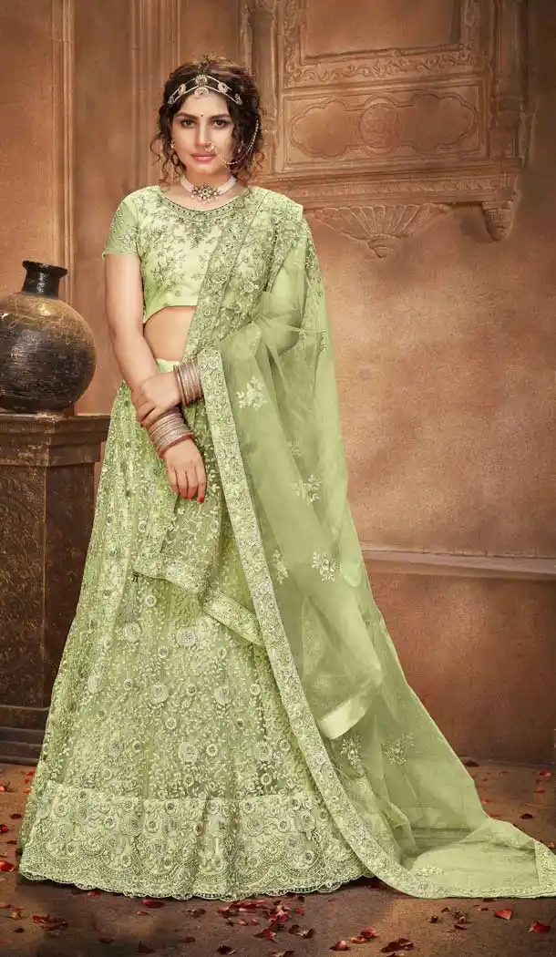 Pista Green Color Net Embroidered Designer Bridal Party Wear Lehenga Coli -802124751