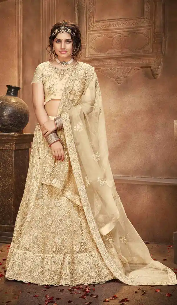 Beige Color Net Embroidered Designer Bridal Party Wear Lehenga Coli -802124752