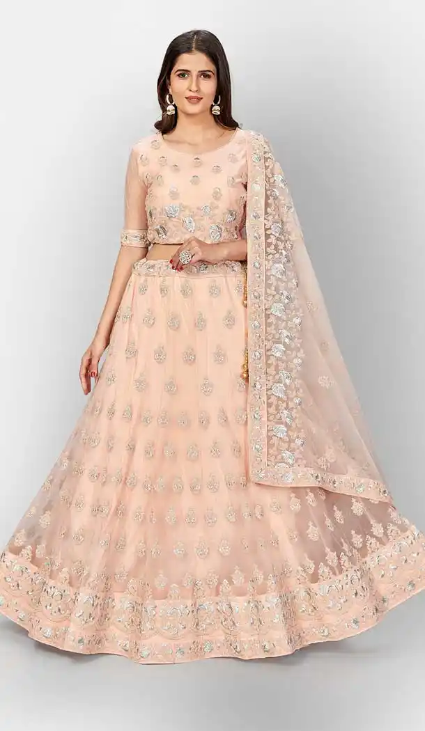 Peach Color Soft Net Designer Bridal Wedding Wear Lehenga Choli -803124756