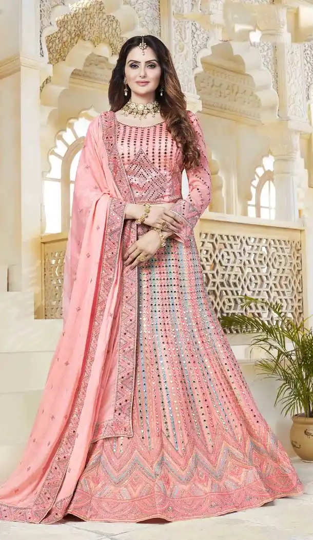 Peach Color Georgette Heavy Designer Bridal Party Wear Lehenga Choli -707123829