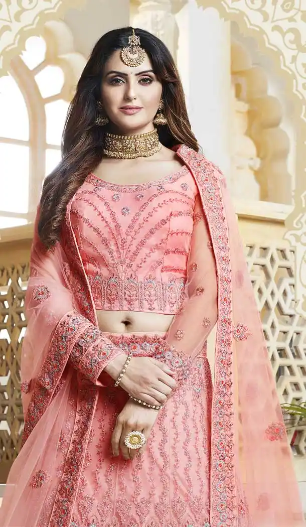 Peach Color Net Heavy Designer Bridal Party Wear Lehenga Choli -707123830