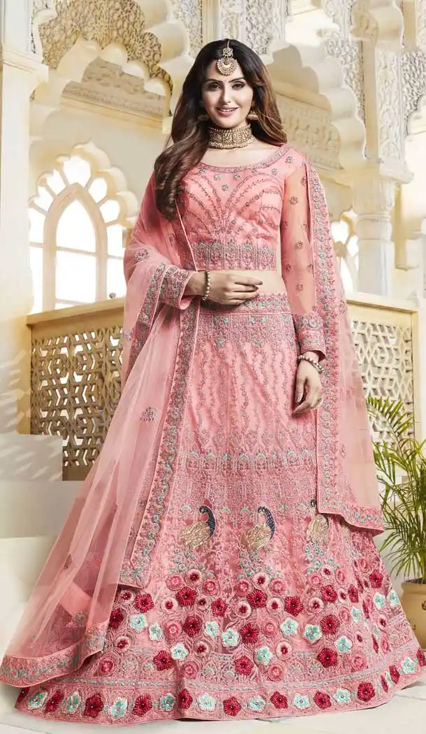 Peach Color Net Heavy Designer Bridal Party Wear Lehenga Choli -707123830