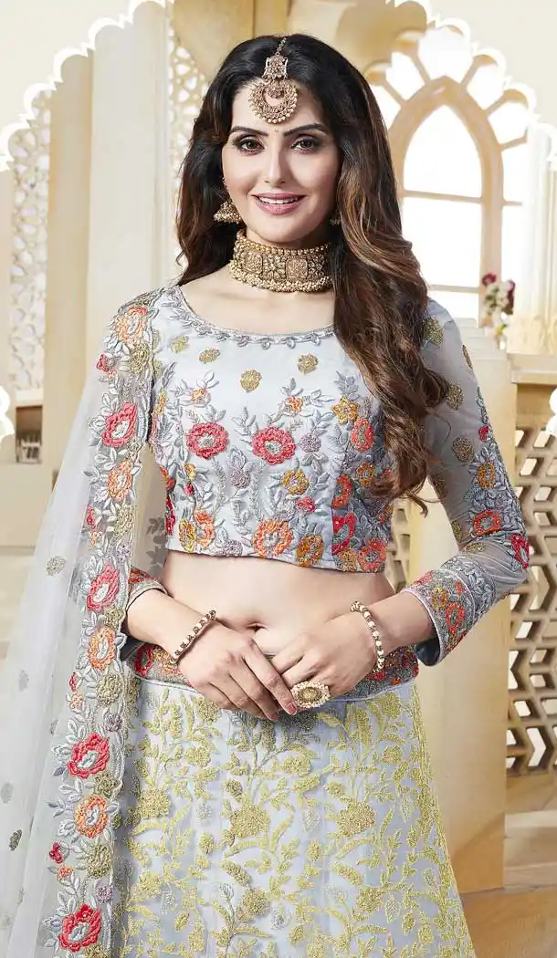 Grey Color Net Heavy Designer Bridal Party Wear Lehenga Choli -707123831