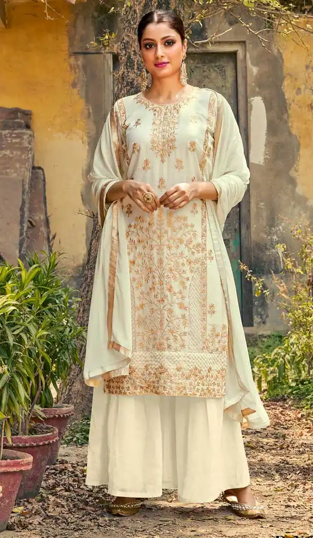 Off White Color Faux Georgette Designer Party Wear Palazzo Suit -808124777