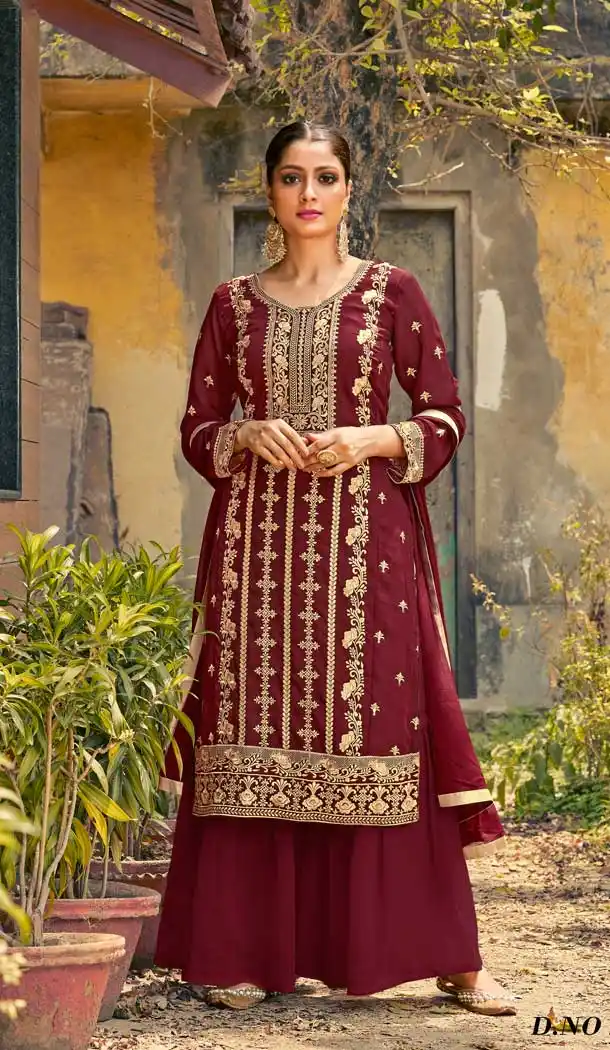 Maroon Color Faux Georgette Designer Party Wear Palazzo Suit -808124780