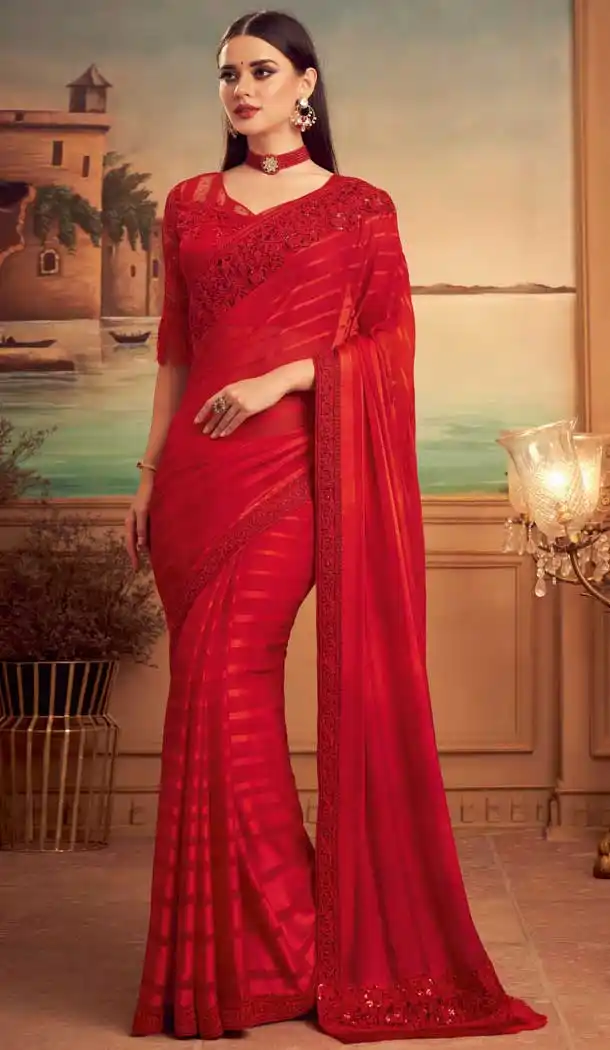 Red Color Shadow Silk Heavy Embroidered Designer Party Wear Saree -815124822