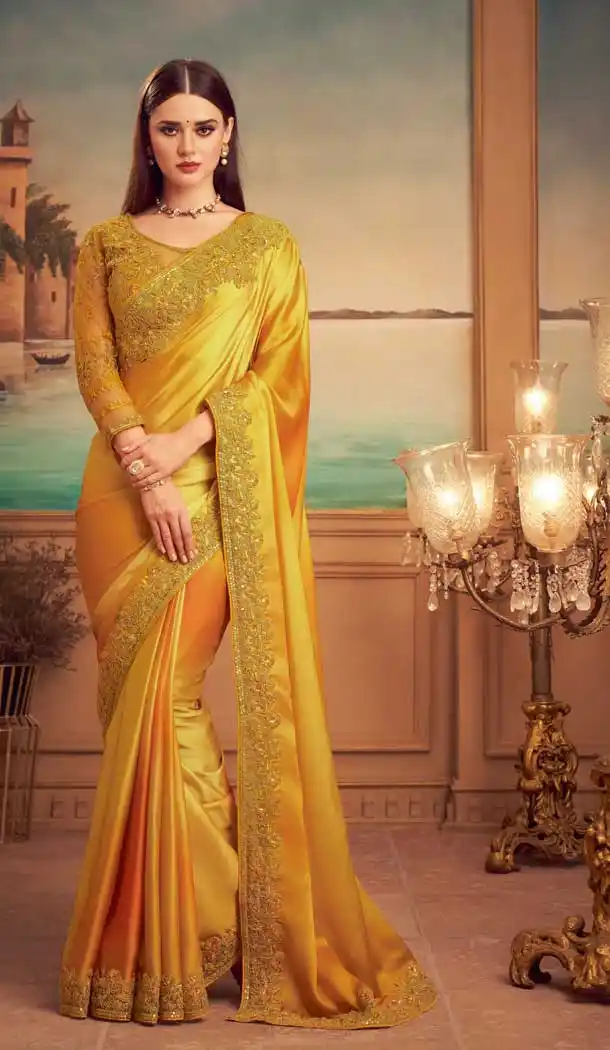 Yellow Color Orange Silk Heavy Embroidered Designer Party Wear Saree -815124823