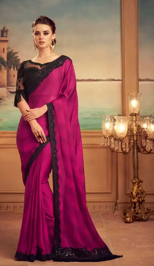 Rani Pink Color Orange Silk Heavy Embroidered Designer Party Wear Saree -815124824