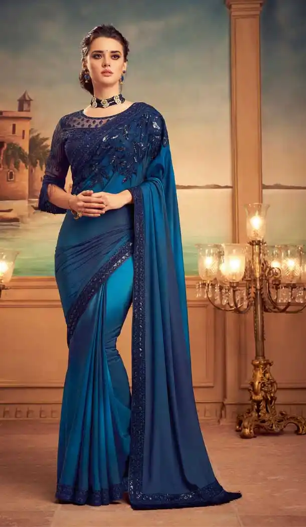 Blue Color Orange Silk Heavy Embroidered Designer Party Wear Saree -815124826
