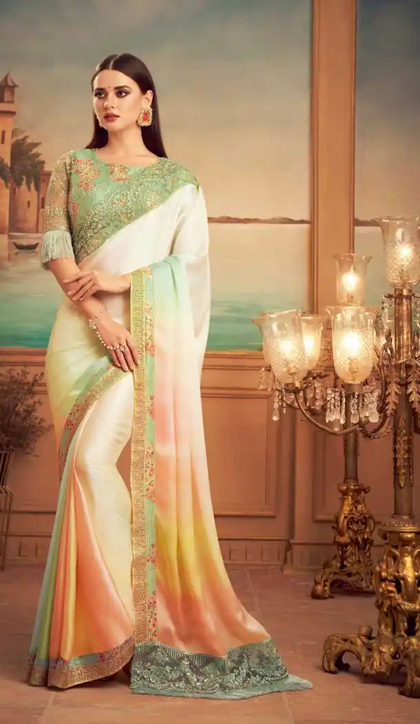 Multi Color Sunlight Silk Heavy Embroidered Designer Party Wear Saree -815124828
