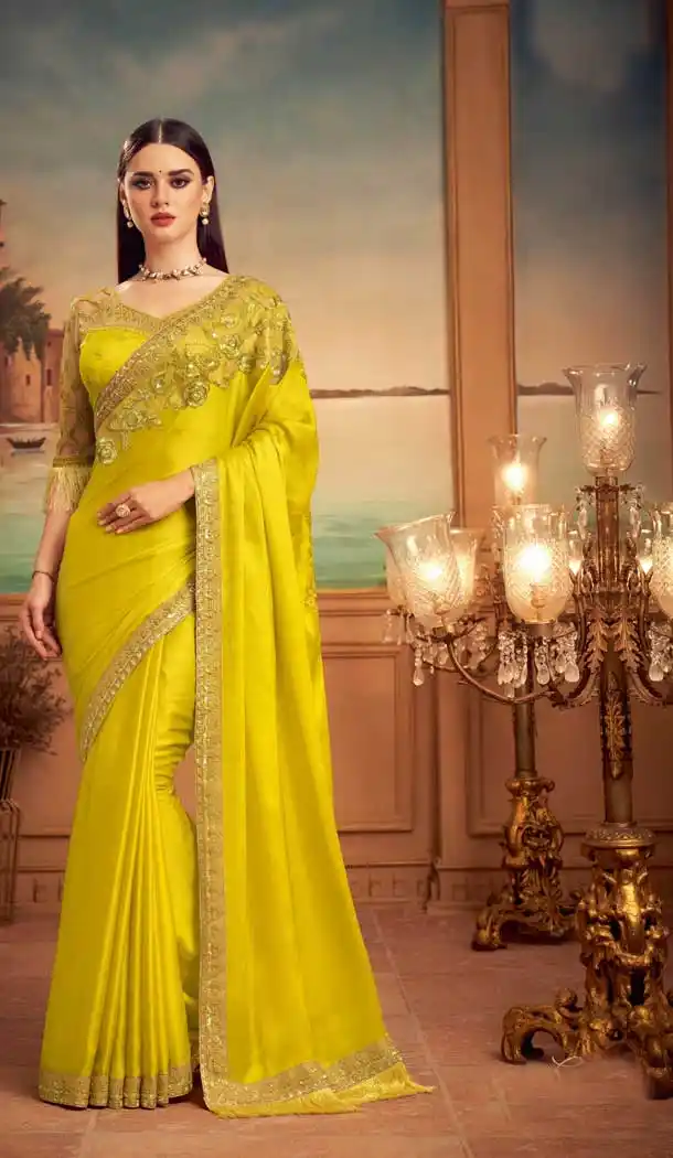 Yellow Color Magnum Silk Heavy Embroidered Designer Party Wear Saree -815124829