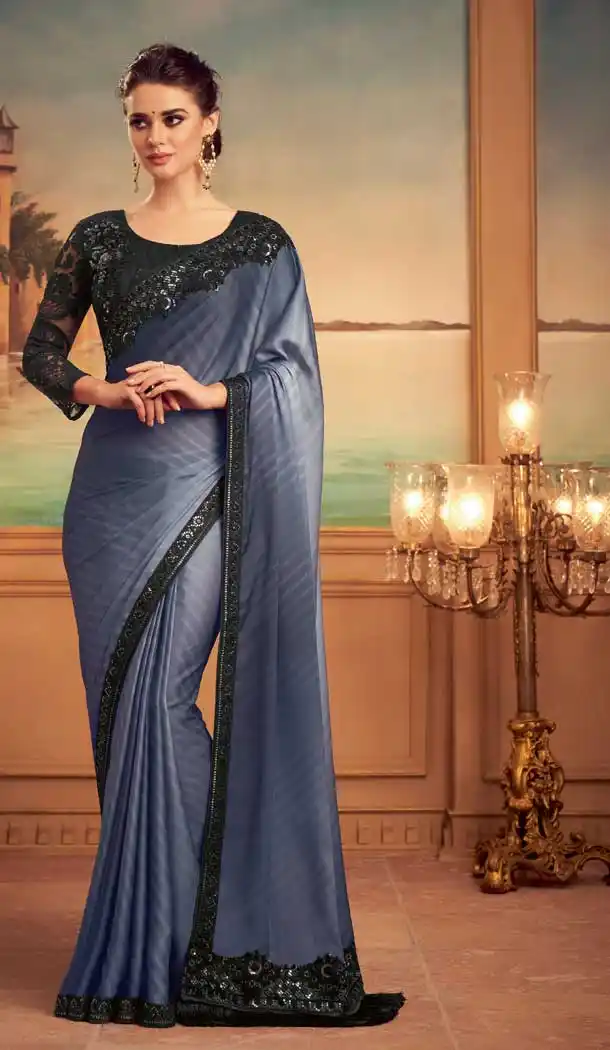 Grey Color Valentine Silk Heavy Embroidered Designer Party Wear Saree -815124831