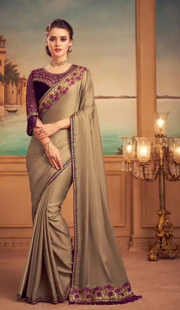 Beige Color Burberry Silk Heavy Embroidered Designer Party Wear Saree -815124832