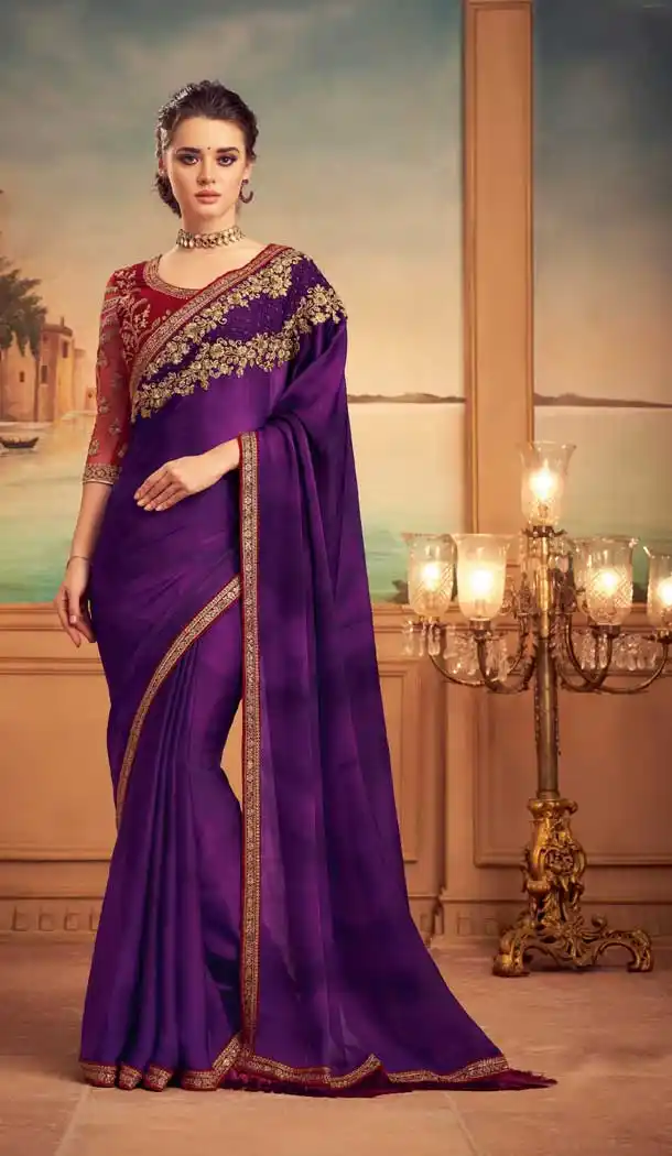 Purple Color Orange Silk Heavy Embroidered Designer Party Wear Saree -815124834