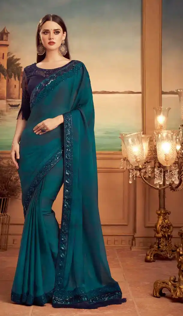 Teal Green Color Orange Silk Heavy Embroidered Designer Party Wear Saree -815124835