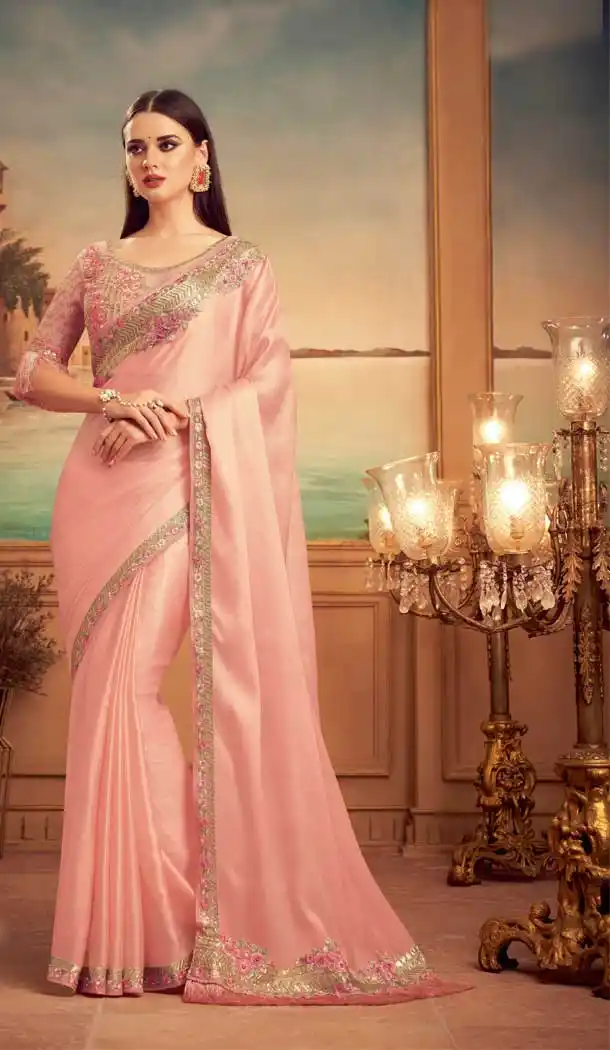 Light Pink Color Milano Silk Heavy Embroidered Designer Party Wear Saree -815124836