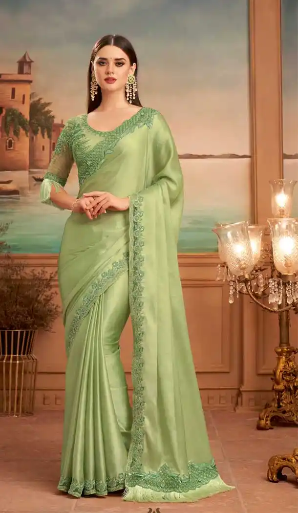 Pista Green Color Glorious Chiffon Heavy Embroidered Designer Party Wear Saree -815124838