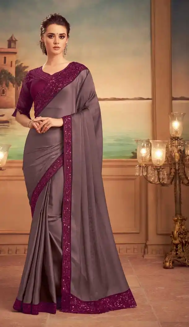 Copper Grey Color Costa Silk Heavy Embroidered Designer Party Wear Saree -815124839