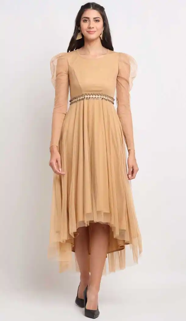Beige Color Net Fancy Designer Party Wear Readymade Gown Dresse -828124932
