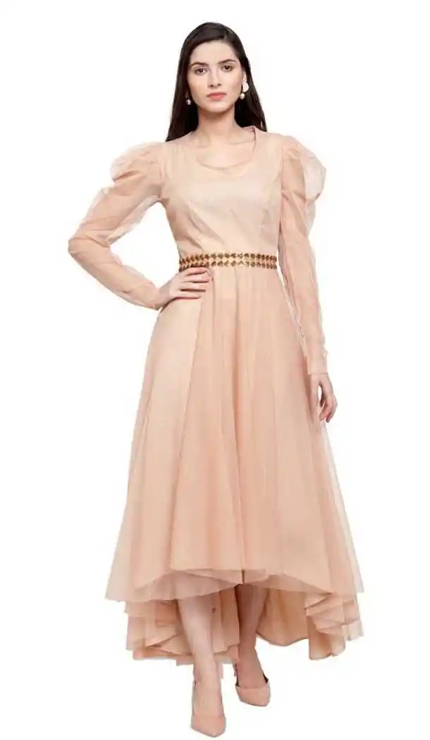Cream Color Net Fancy Designer Party Wear Readymade Gown Dresse -828124934