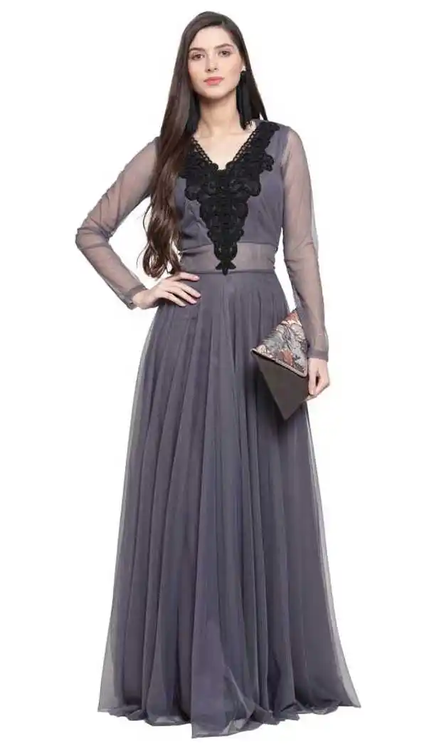 Tantalizing Grey Color Net Fancy Designer Party Wear Readymade Gown Dresse -828124939