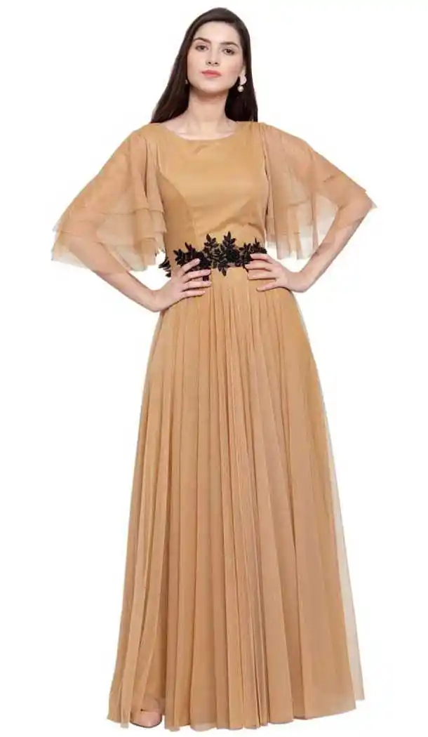 Beige Color Net Fancy Designer Party Wear Readymade Gown Dresse -828124952