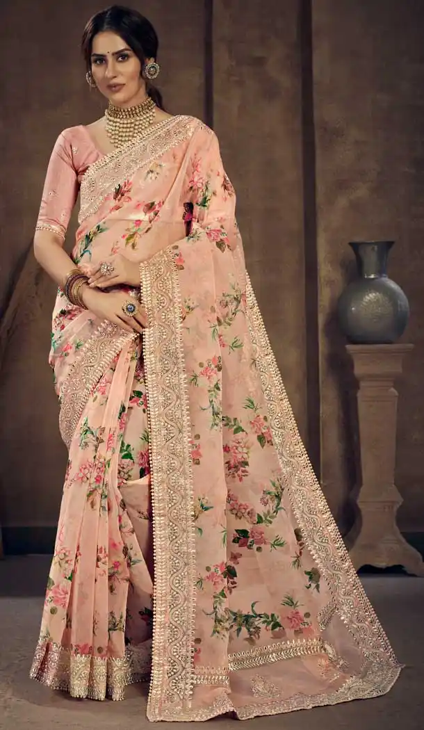 Peach Color Soft Organza Fancy Designer Party Wear Saree -929125825