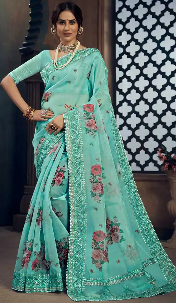 Sky Blue Color Soft Organza Fancy Designer Party Wear Saree -929125826