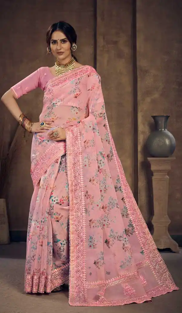 Light Pink Color Soft Organza Fancy Designer Party Wear Saree -929125827