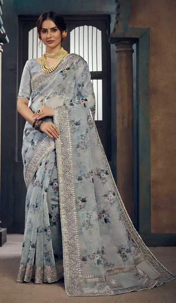 Grey Color Soft Organza Fancy Designer Party Wear Saree -929125828
