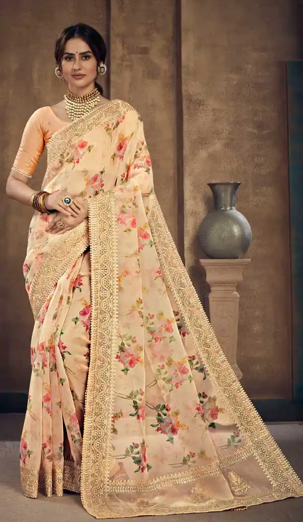Cream Color Soft Organza Fancy Designer Party Wear Saree -929125829