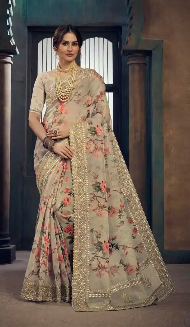 Beige Color Soft Organza Fancy Designer Party Wear Saree -929125831